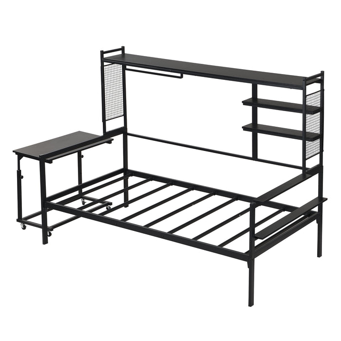 Daybed With Movable Desk, Grid, Shelves And Clothes Hanger