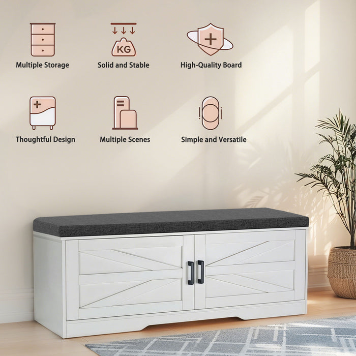 2 Tier Shoe Bench With Padded Seat, 2 Barn Doors And Adjustable Shelves, For Entryway And Living Room - White