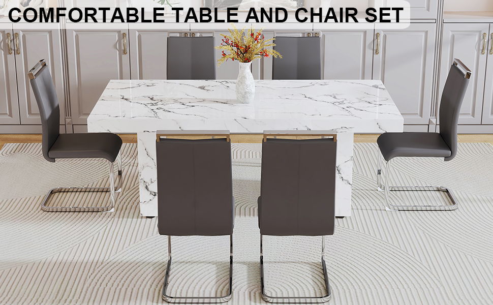 One Piece Of White MDF Material With Patterns On The Dining Table. 10 PU Synthetic Leather High Backrest Cushioned Side Chairs With C-Shaped Silver Metal Legs