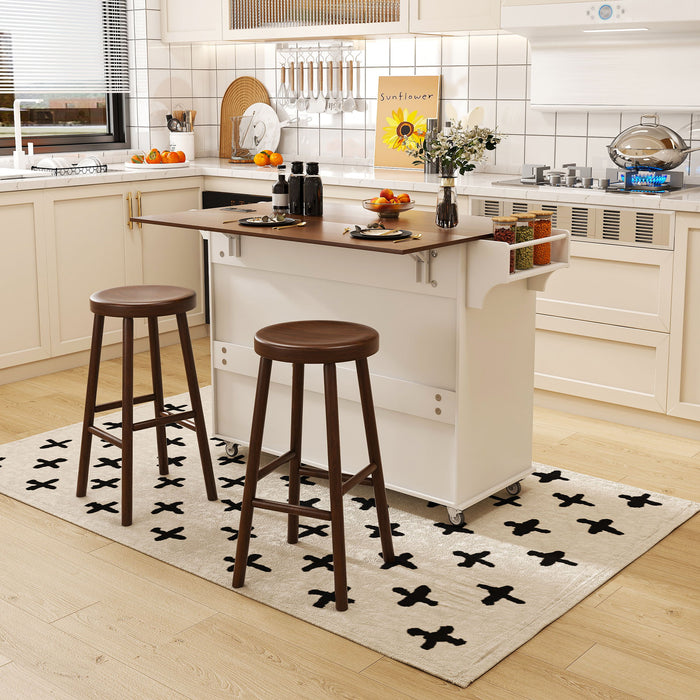 Kitchen Island Cart With Foldable Tabletop & Drop Leaf Mobile Breakfast Bar With Wood Top And Storage - White / Walnut