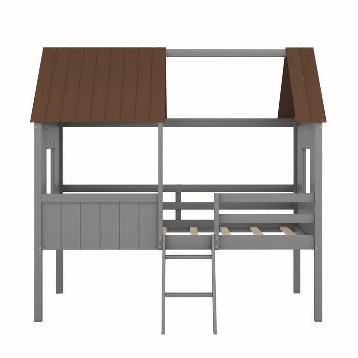 Twin Size Low Loft House Bed With Two Side Windows - Gray / Brown
