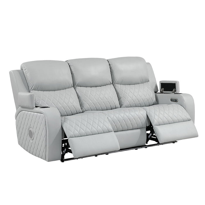 Elonzo - Power Motion Sofa With LED, Power Headrest & Speaker - Light Gray