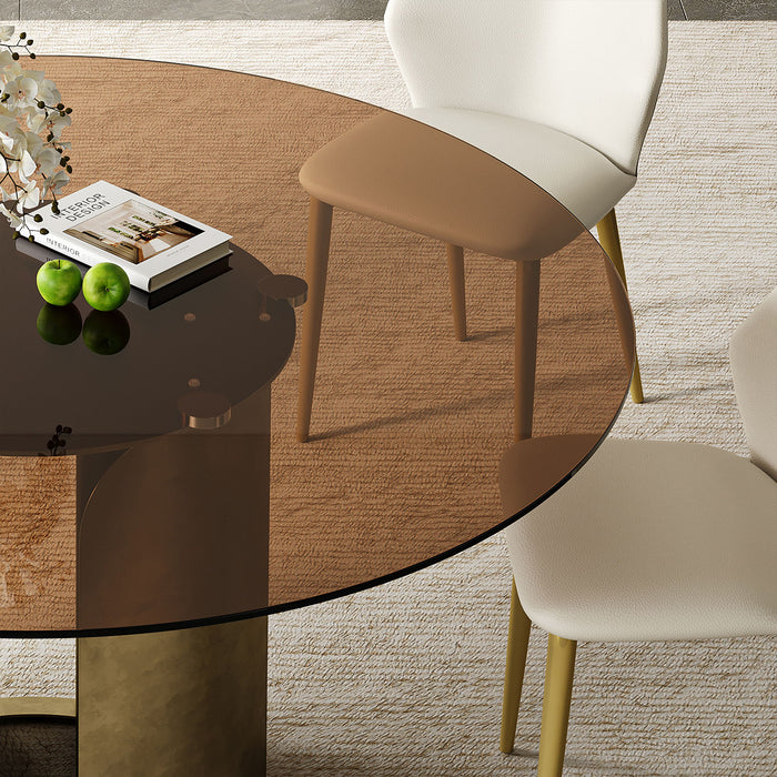 Round Dining Table With Glass Top, Kitchen And Living Room Furniture - Brown