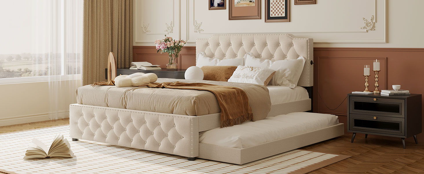 Upholstered Platform Bed With Trundle And 2 Sets Of USB Ports On Each Side, Linen Fabric