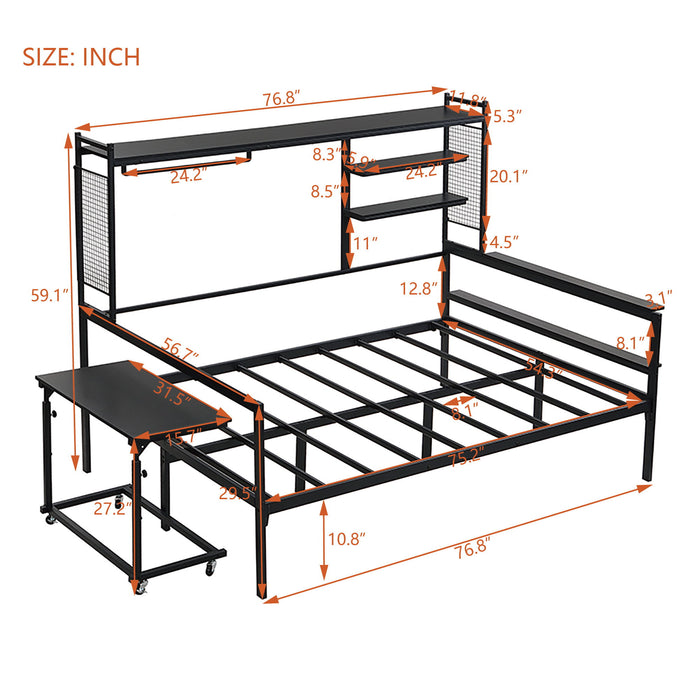 Daybed With Movable Desk, Grid, Shelves And Clothes Hanger