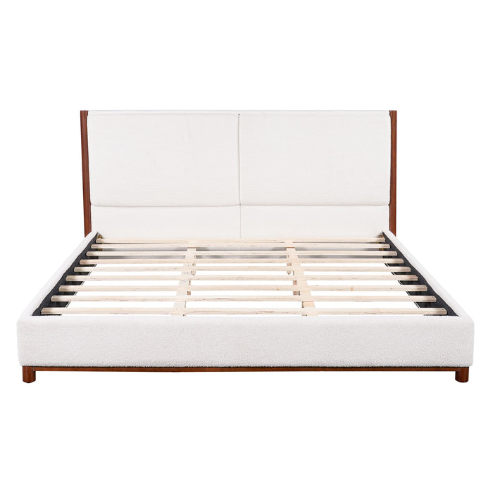 King Upholstered Bed Frame, No Box Spring Needed - Walnut / White