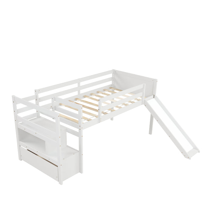 Twin Low Loft Bed With Stairs And Slide - White
