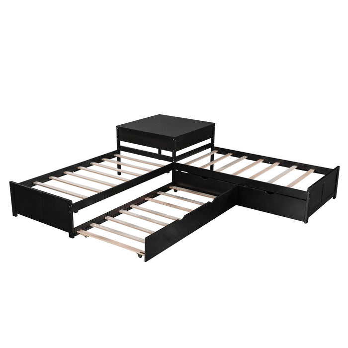 L Shaped Platform Bed With Trundle And Drawers Linked With Built In Desk