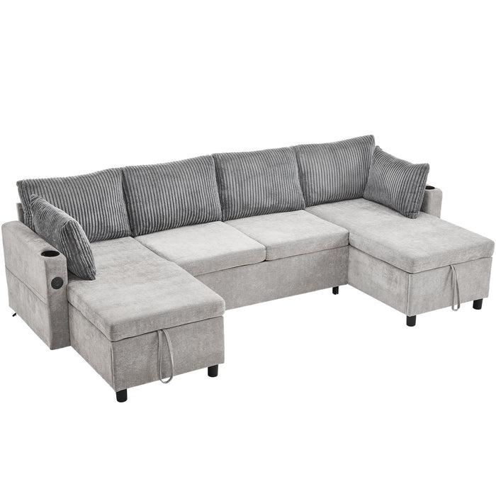 Sectional Sofa Bed With Pull Out Sleeper, USB Ports, Cup Holders
