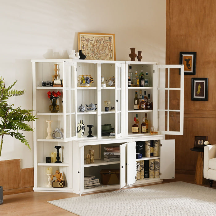 Retro Style Wall Suit With Glass Doors, 75.25" Tall Display Cabinets & Triangle Sided Bookshelves - White