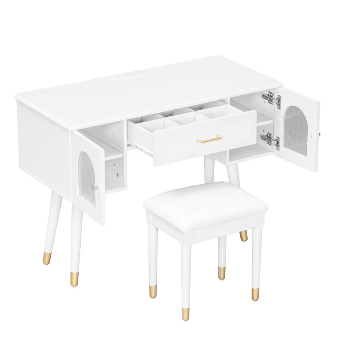 Elegant Vanity Makeup Table & Chair Set Modern Dressing Table With Organizer Writing Desk Charging Port Engineered Wood - White