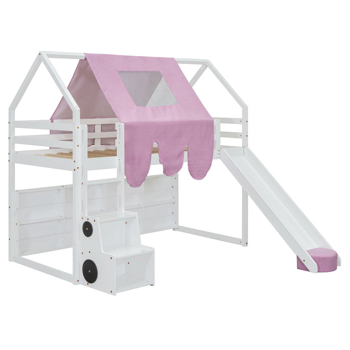 Loft Bed With House Shaped Frame And Tent