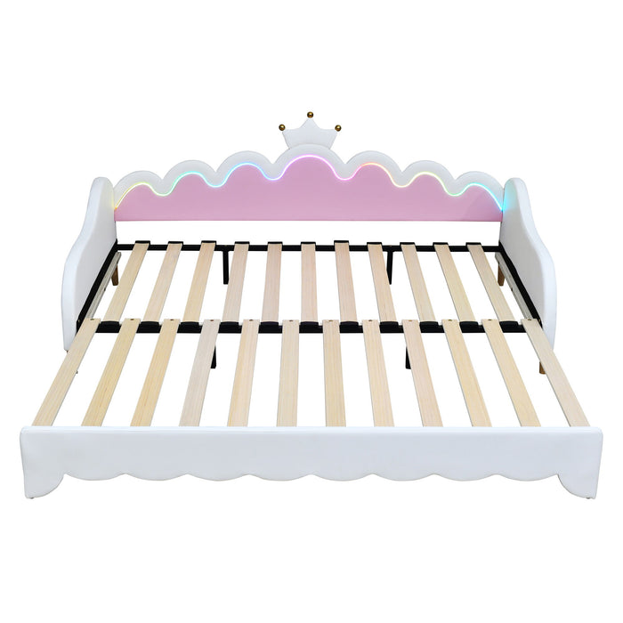 Extending Daybed With LED Lights, Modern Upholstered Princess Daybed With Crown Headboard