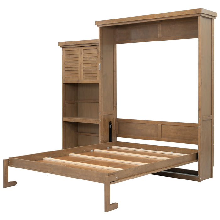 Queen Size Murphy Bed With Louvered Design And Multiple Storage Shelves - Wood