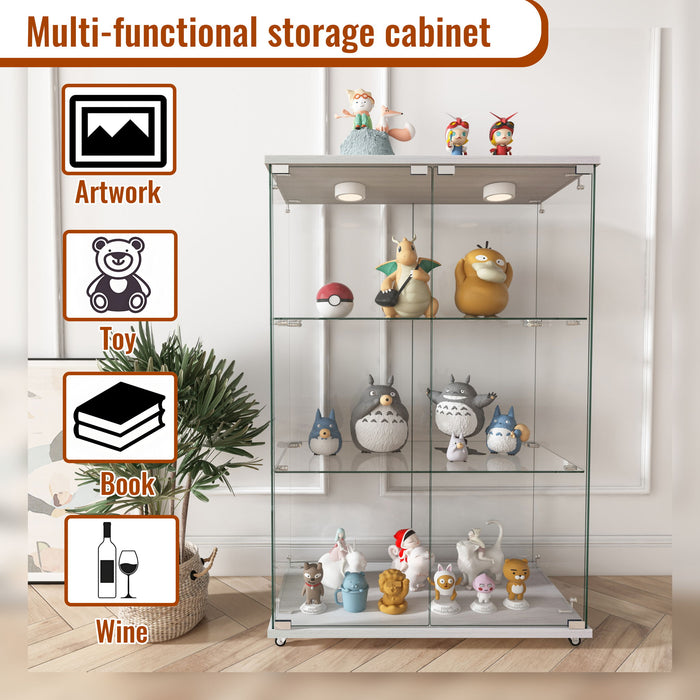 Modern Display Cabinet With LED Lights, Transparent Tempered Glass 2 Door Storage Case With 3 Shelves