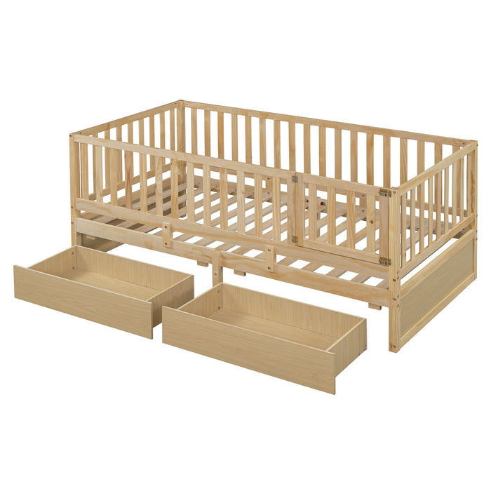 Daybed With Fence Guardrails And 2 Drawers, Split Into Independent Floor Bed & Daybed