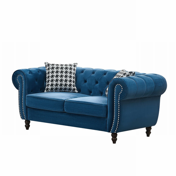 Chesterfield Velvet Fabric Sofa With Roll Armrest And Nailhead, Mid Century 2 Seater Couch In Blue