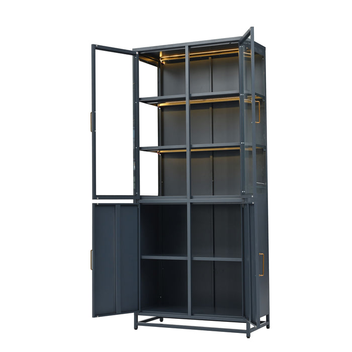 Modern Style Tall Steel Display Cabinet With Double Glass Doors, LED Lights