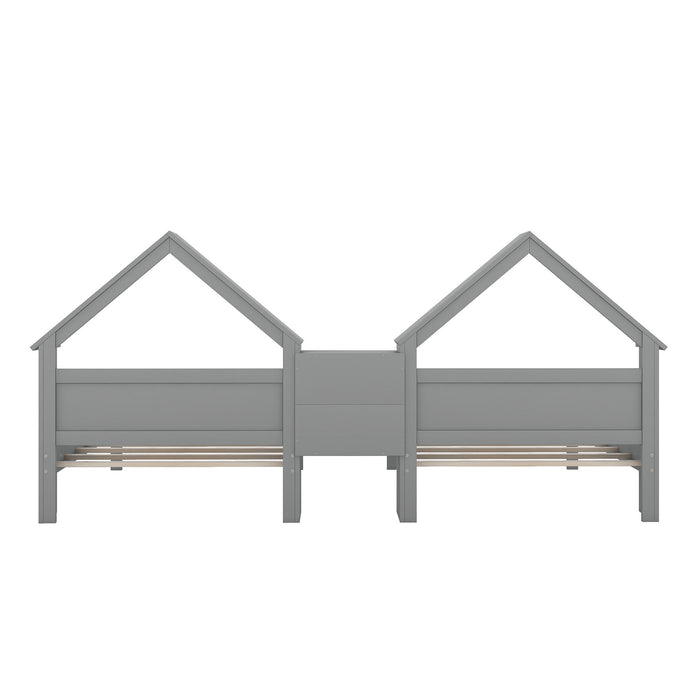 Double Platform Bed With House Shaped Headboard And Built In Nightstand