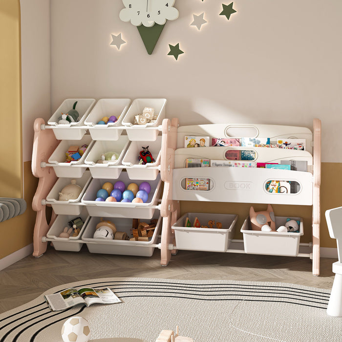 Kids Toy Storage Organizer With 2 Tier Bookshelf, Toy Storage With 12 Bins