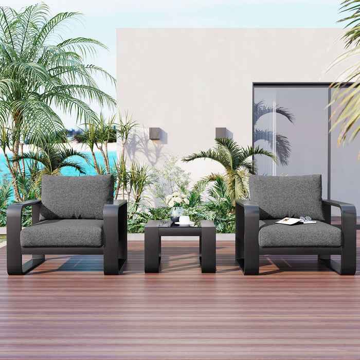 Go 3 Pieces Aluminum Frame Patio Furniture With 6.7" Thick Cushion And Coffee Table, All Weather Use Olefin Fabric Outdoor Chair, Gray And Black