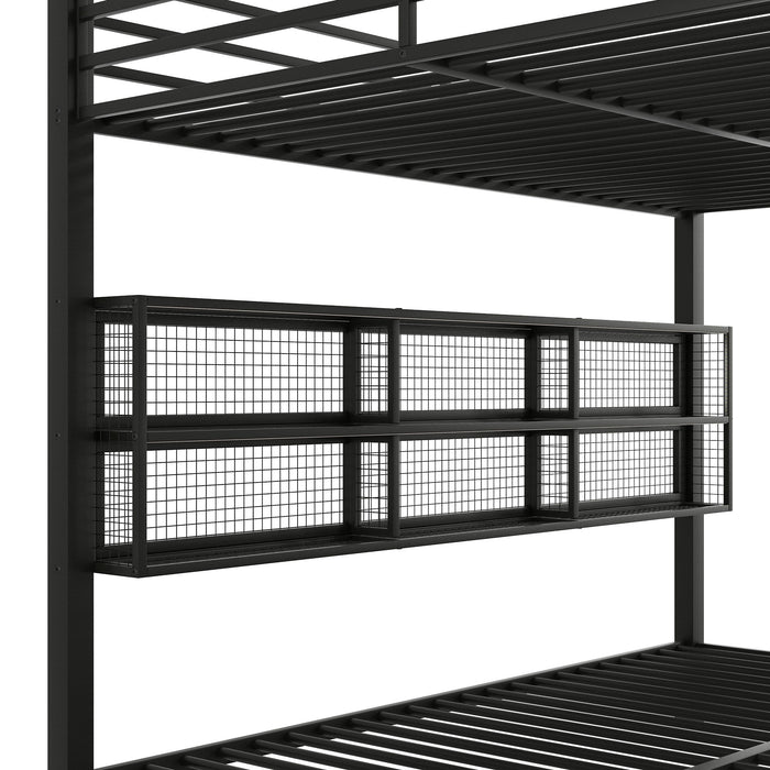 Queen Over Queen Bunk Bed With Storage Cabinets And LED Sturdy Frame, 6 Storage Units, Adjustable LED Lights - Black