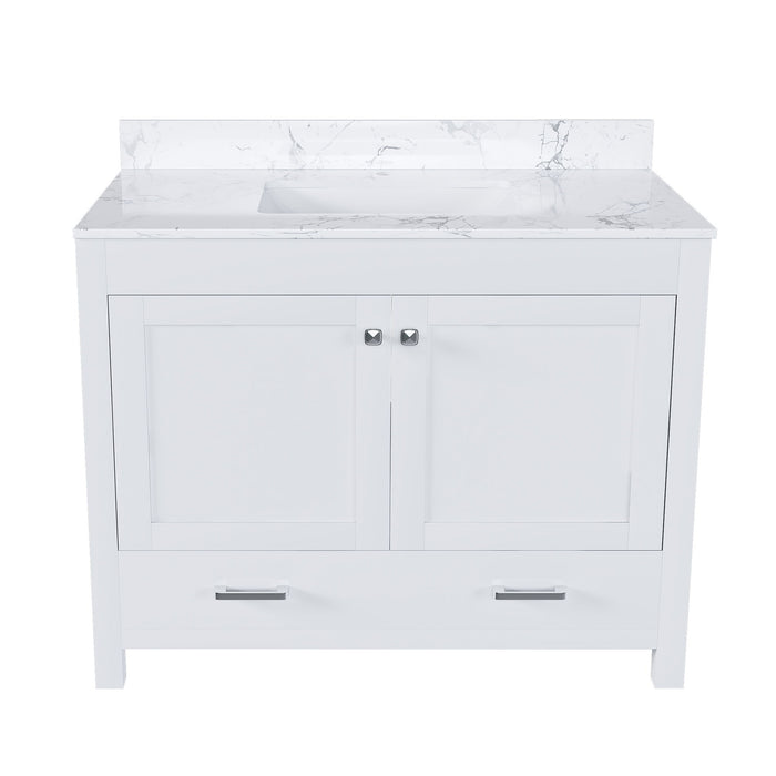 43" Bathroom Vanity With Artificial Marble Carrara Top Set, Multi Functional Cabinet With Doors And Drawer - White