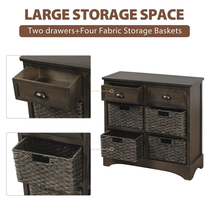 Trexm Rustic Storage Cabinet With Two Drawers And Four Classic Rattan Basket For Dining Room/Living Room (Brown Gray)