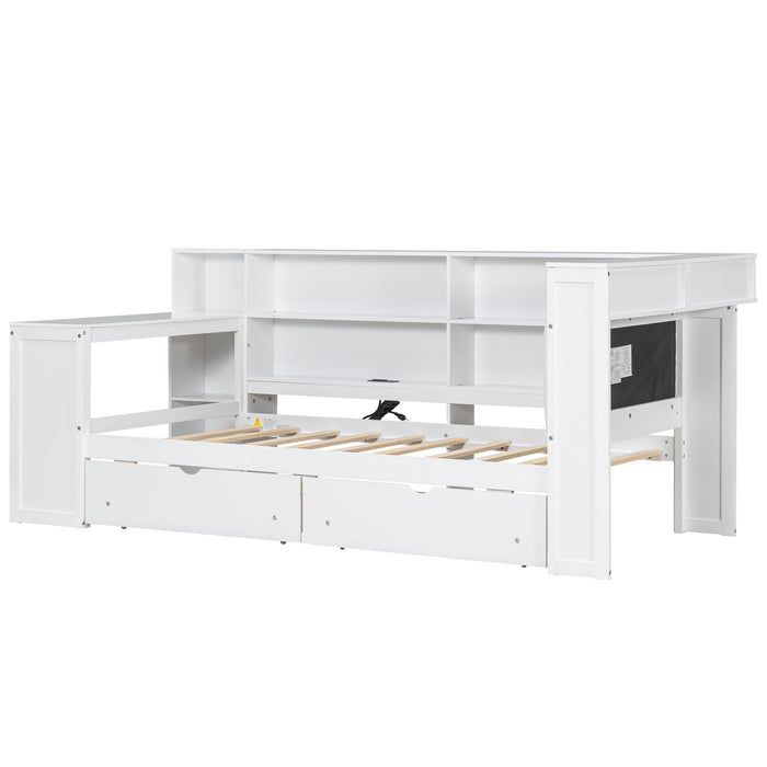 Platform Bed With Upholstered Headboard, Storage Shelves, Drawers, Charging Station, LED Lighting, Built In Desk