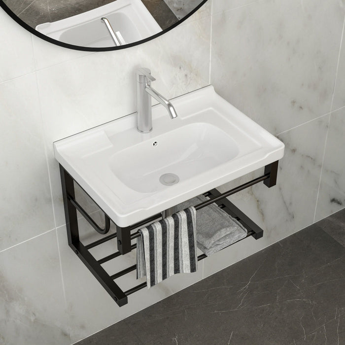 Wall Mounted Rectangular Bathroom Sink With Towel Bar & Overflow - White