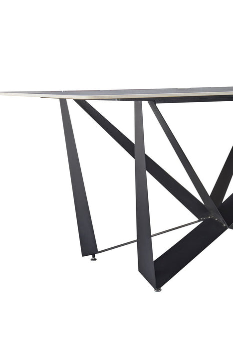 Sleek Black Sandstone Dining Table With Glossy Snow Mountain Stone Top And Carbon Steel Base