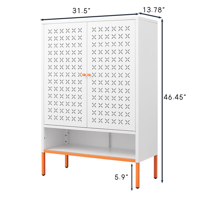 Grid Double Door Shoe Cabinet With Adjustable Compartments And Moisture-Proof Design In White Metal