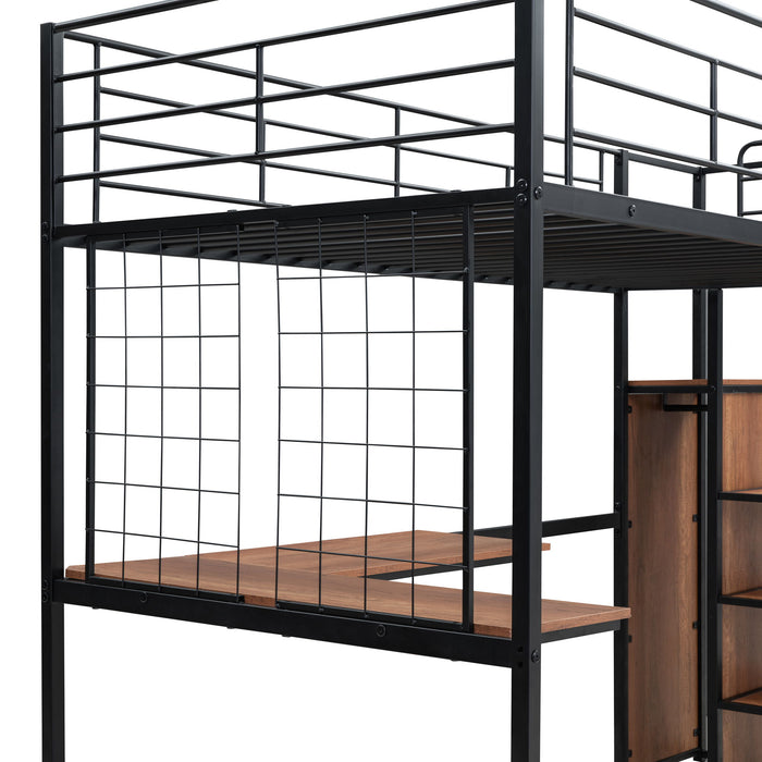 Loft Bed With Desk And Grid, Stylish Frame With Lateral Storage Ladder And Wardrobe