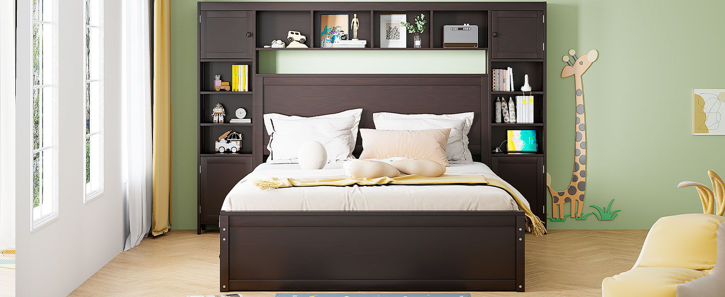 Bed With All In One Cabinet, Shelf And Sockets, Twin Long Trundle