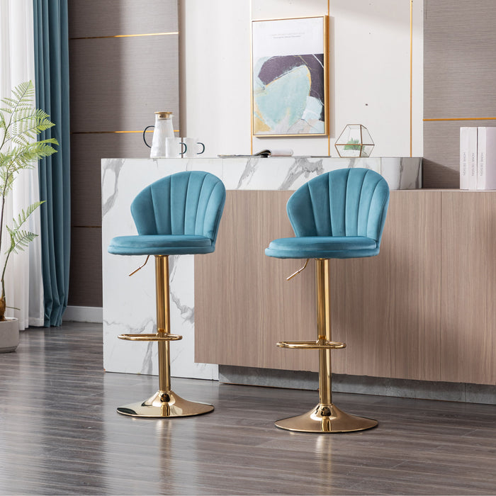 (Set of 2) Bar Stools, With Chrome Footrest And Base Swivel Height Adjustable Mechanical Lifting Velvet And Golden Leg Simple Bar Stool - Baby Blue