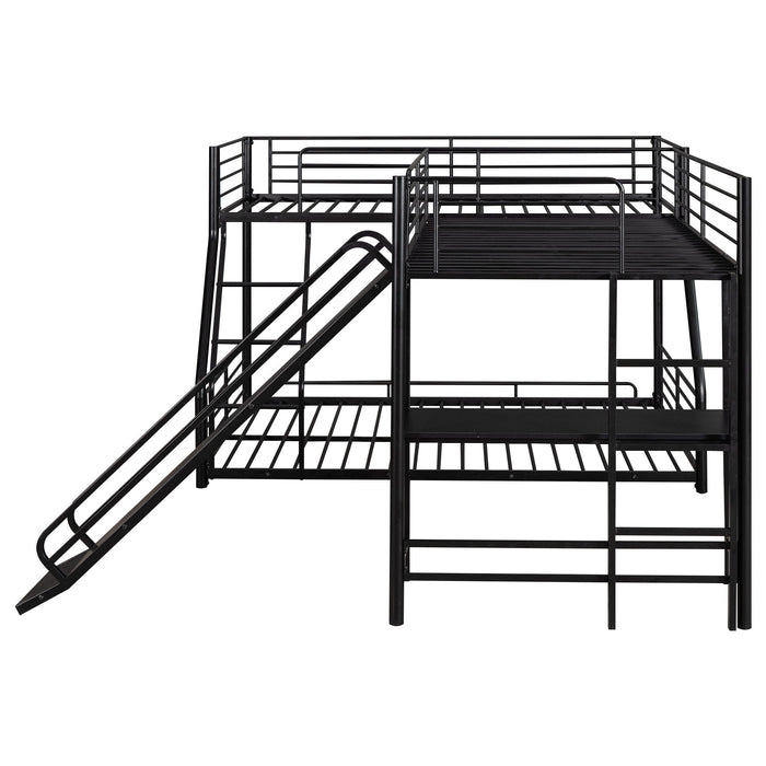 L-Shaped Twin Over Full Bunk Bed With Twin Loft, Built In Desk And Slide - Black