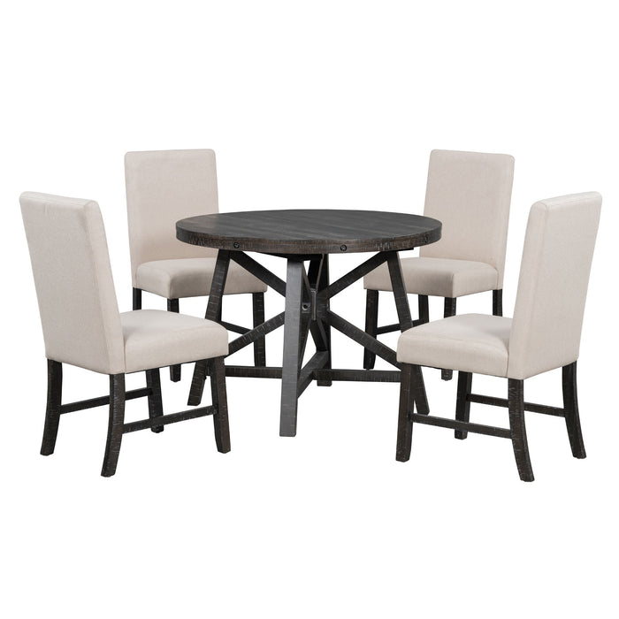 Trexm 5 Piece Retro Functional Dining Set With Extendable Round Table With Removable Middle Leaf And 4 Upholstered Chairs For Dining Room And Living Room (Black)