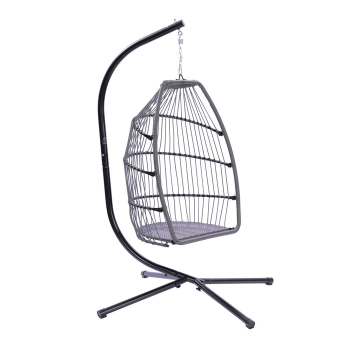 Outdoor Patio Wicker Folding Hanging Chair, Rattan Swing Hammock Egg Chair With Cushion And Pillow - Gray