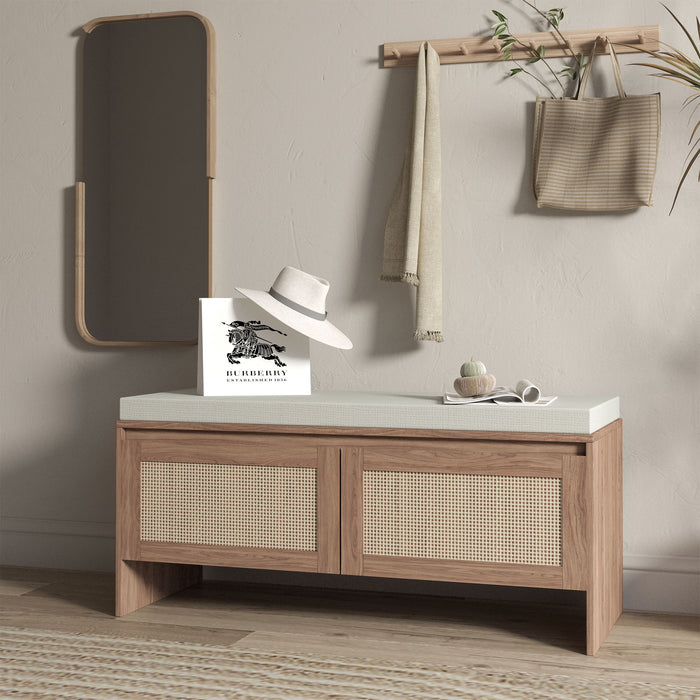 Storage Bench With Cushion, Shoe Cabinet With 2 Doors - Antique Natural / Rattan