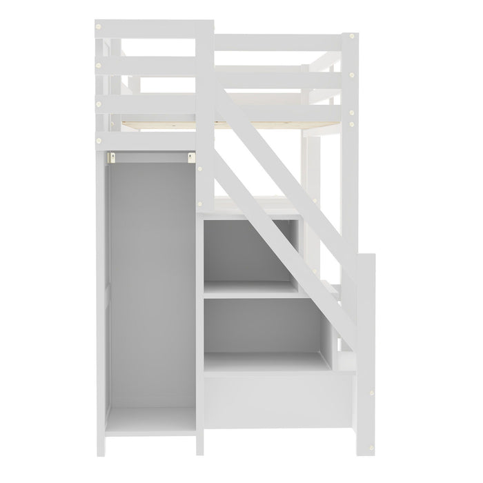Loft Bed With 4 Layer Shelves, Storage Staircase, Small Wardrobe And LED Light