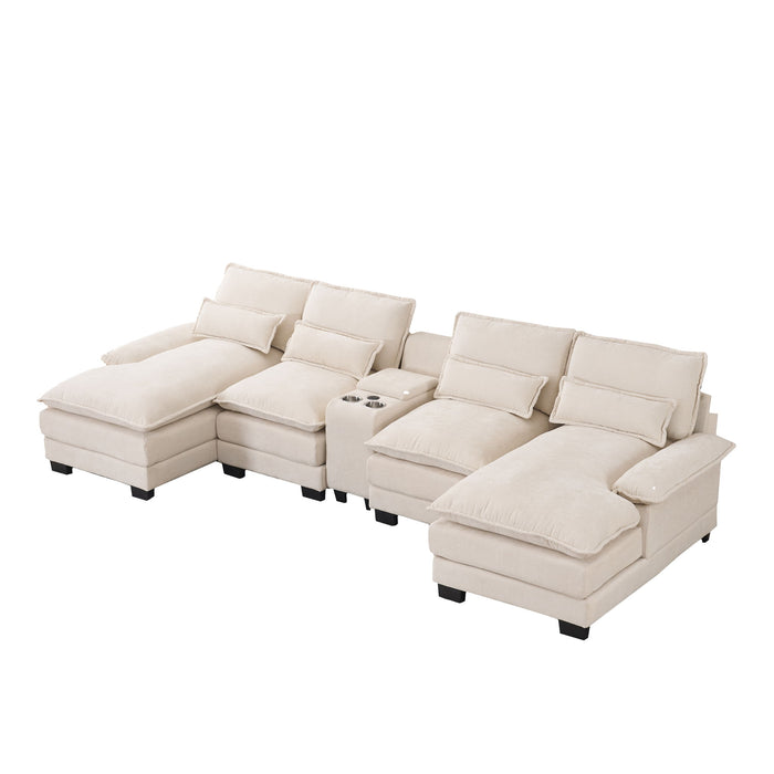 U Shaped Sofa With Console, Cupholders, USB Ports, 6 Seat, Bronzing Suede & Chenille