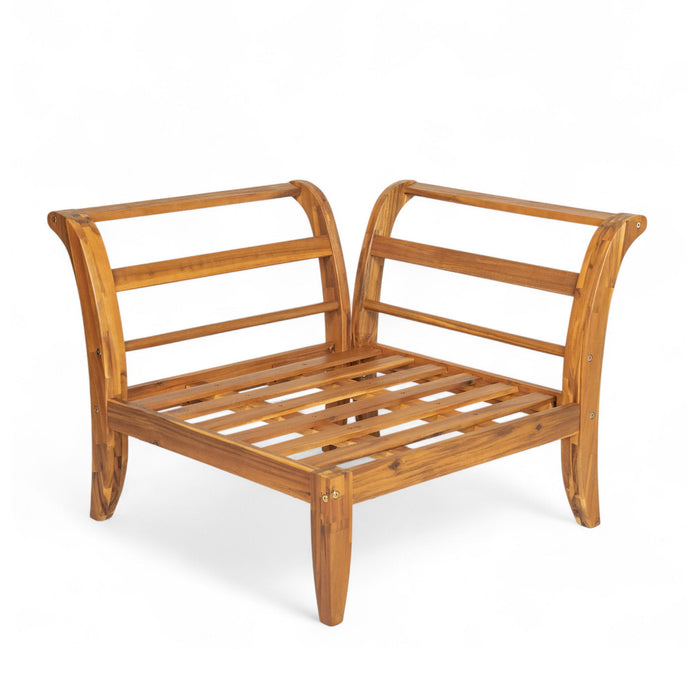 6 Piece Patio Sofa Set, Acacia Wood Outdoor Modular Sectional Garden Furniture Set L Shaped Conversation Set, Convertible Daybed With Tea Table, Ottoman, 5 Cushions And Pillows - Teak / Beige