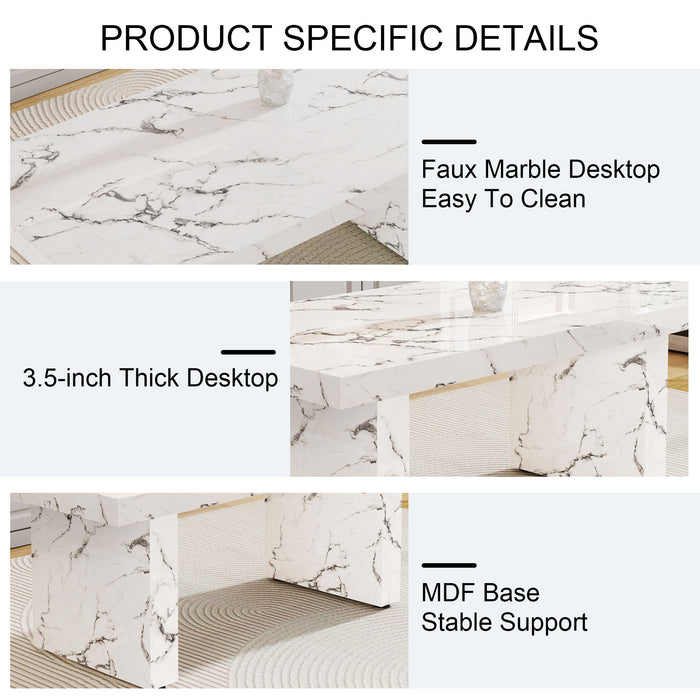 One Piece Of White MDF Material With Patterns On The Dining Table. 8 PU Synthetic Leather High Backrest Cushioned Side Chairs With C-Shaped Silver Metal Legs