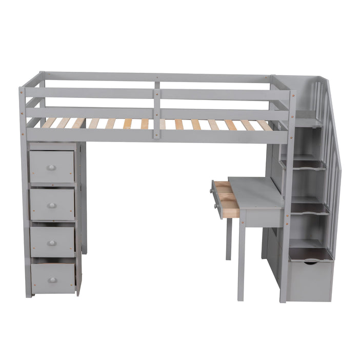Loft Bed With Storage Drawers, Desk And Stairs With Shelves