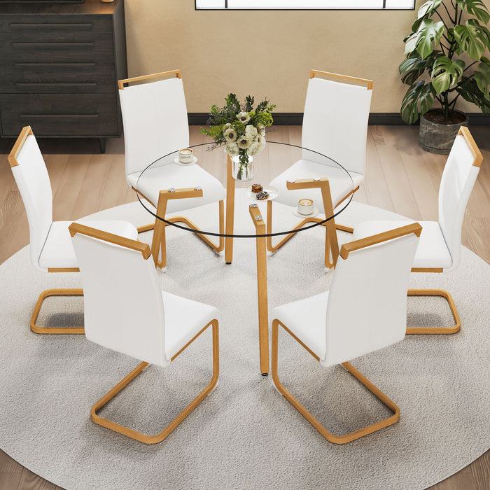 1 Modern Minimalist Style Circular Transparent Tempered Glass Dining Table, 6 Modern PU Leather High Backrest Cushioned Side Chairs, C - Tube Chrome Legs C - 1162 Drt - 1123