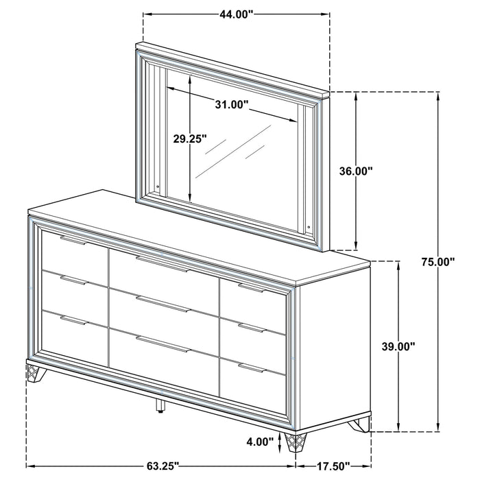 9 Drawer Dresser With LED Mirror, Touch Activated Lighting - White