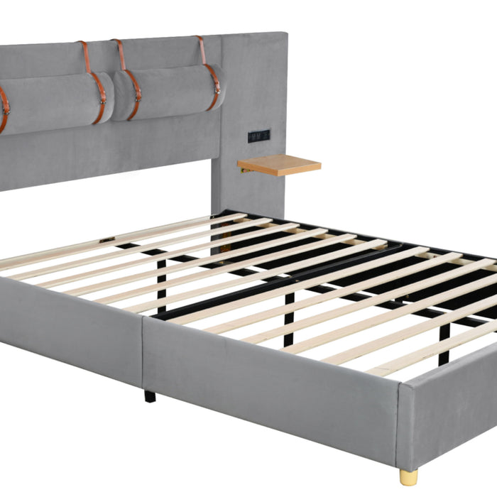 Upholstered Platform Bed, 2 Outlets And USB Charging Ports On Both Sides, 2 Bedside Pillows, Storage Shelves
