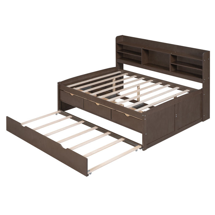 Captain Bed With Built In Bookshelves, 3 Storage Drawers, And Trundle