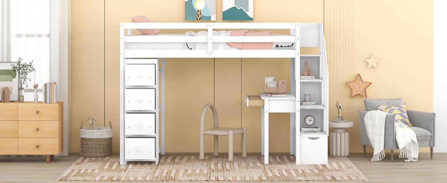 Loft Bed With Storage Drawers, Desk And Stairs With Shelves