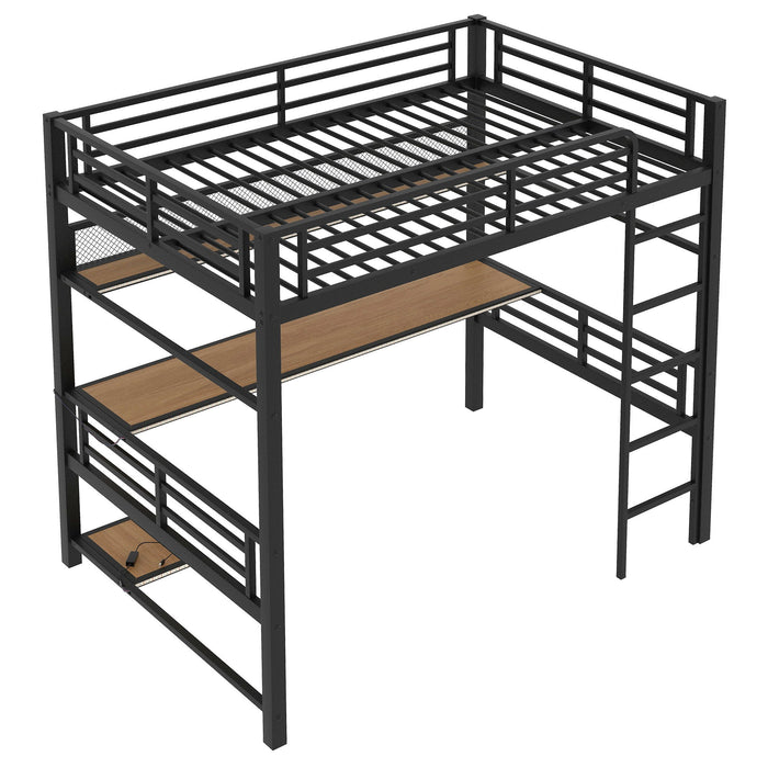 Full Size Loft Bed Frame With Storage Shelf And LED Light - Black